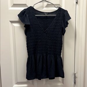 NWOT MADEWELL V-Neck Flutter-Sleeve Smocked Top in Textured Chiffon